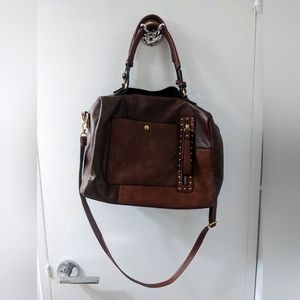 Brown leather bag purse gold studs zippers